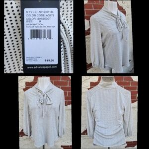 $69 New Medium ADRIANNA PAPELL polka dot stretchy long sleeve shirt tie neck